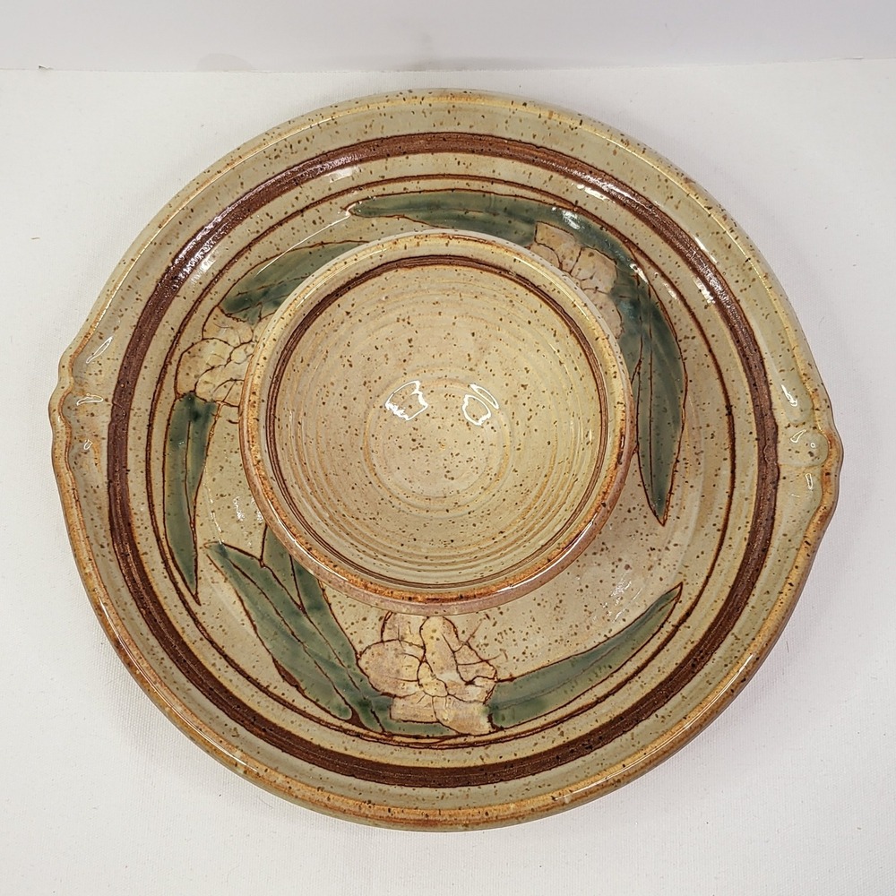 Studio Pottery Chip and Dip Set Speckled Stoneware Floral Serving Platter Bowl